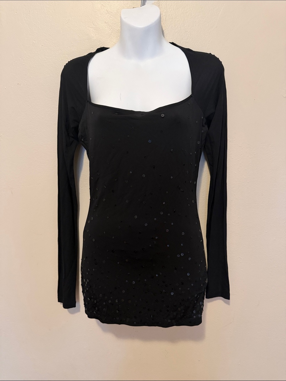 DKNYC Black Long-Sleeve Square-Neck Sequin Accent Top
